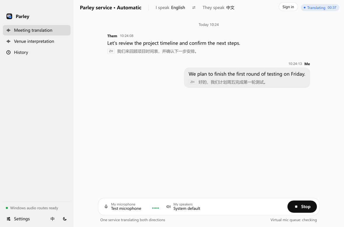 Parley desktop showing an English and Chinese conversation with translated captions